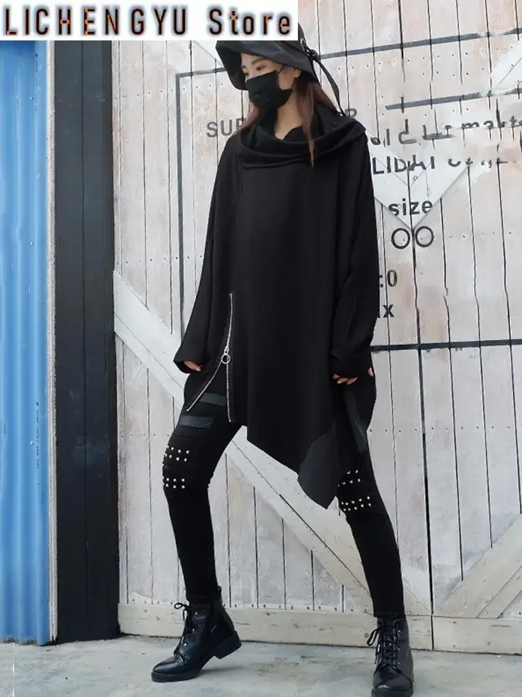 Loose Fit Black Zipper Irregular Casual Sweatshirt New Long Sleeve Women Big Size Fashion Tide Spring Autumn