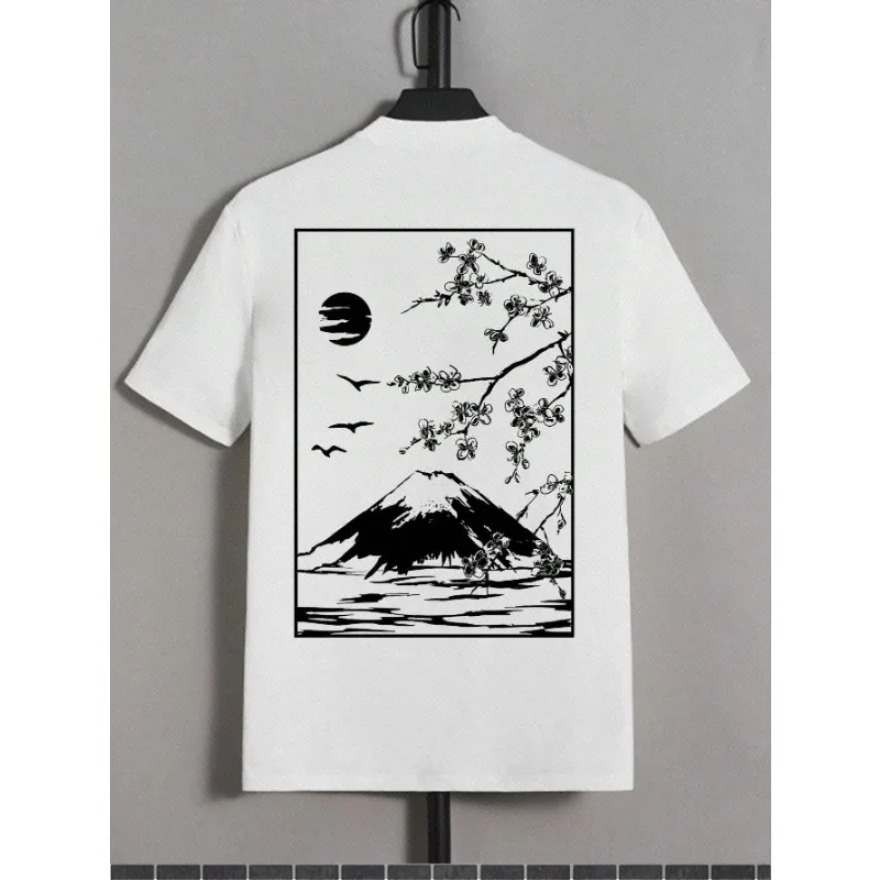 New Summer Tokyo Cherry Blossom Mt. Fuji Business Card Printed T-Shirt Men's Fashion Cotton Casual Tops Hip Hop Loose  T-Shirt