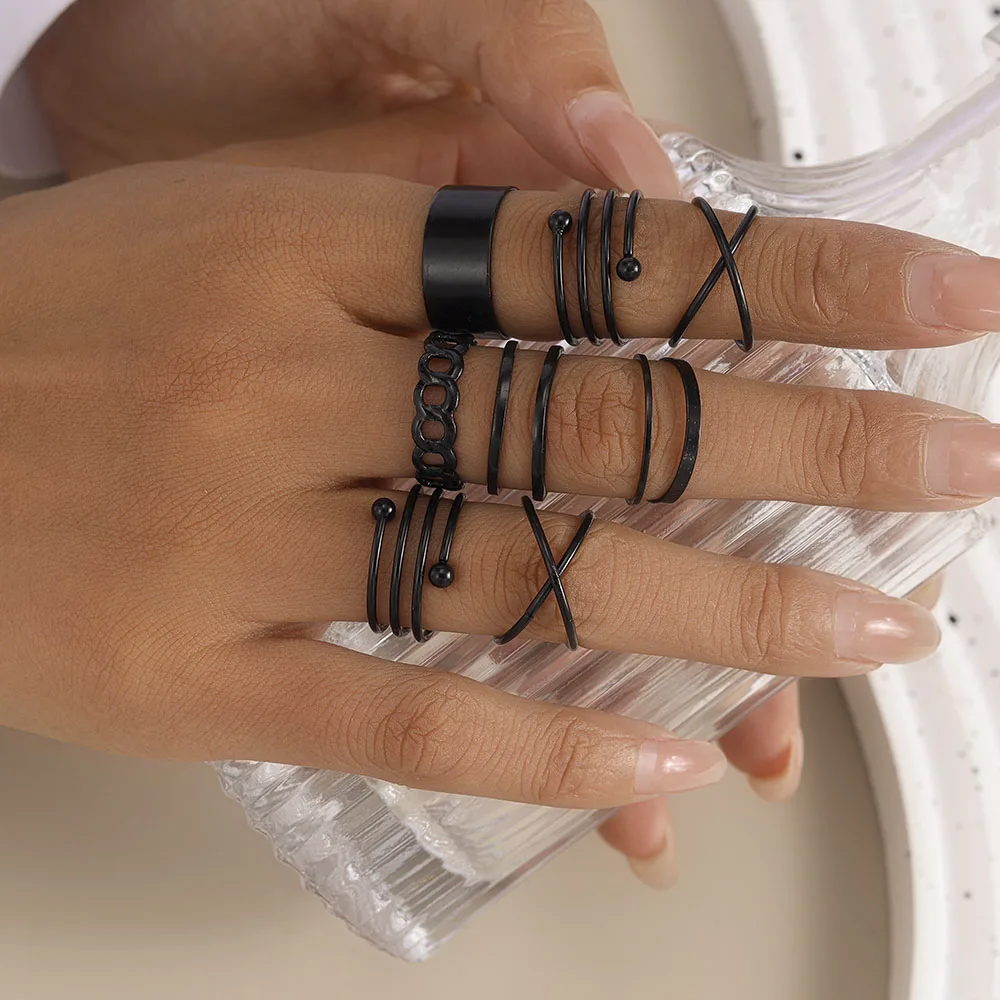 Aihua Punk Black Hollow Round Finger Rings for Women Men Vintage Gothic Geometric Cross Finger Ring Set Party Jewelry Gifts