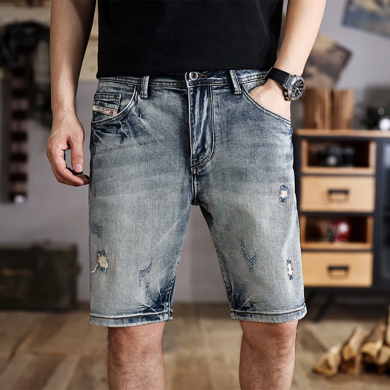 Marca americana de moda masculina shorts jeans finos, perna reta, calças quartas, com lavagem retrô, calças médias, verão