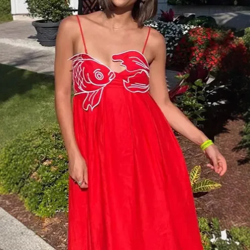New Women's Red Maxi Dress Spaghetti Strap White Koi Fish Embroidery Cami Dress