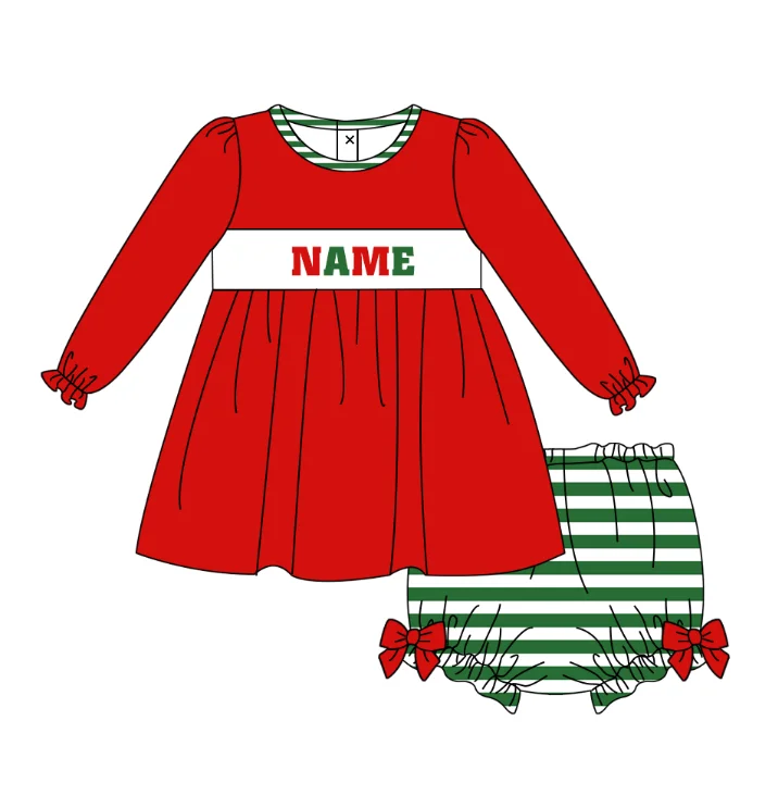 2024 Boutique Baby Boutique Long Sleeved Red T-shirt Name Embroidery Round Neck Boy Green Stripe Clothes And Girl Set Clothes