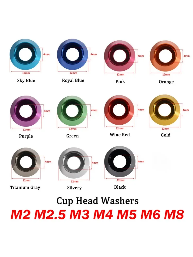 Rondelles à tête conique en alliage d'aluminium coloré anodisé M2 M2.5 M3 M4 M5 M6 M8 pour boulons et vis