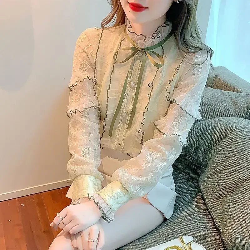 

New Vintage Stand Collar Lace Blouse Shirts Women 2024 Korean Button Loose Shirt Female Hollow Casual Ladies Blouses T308