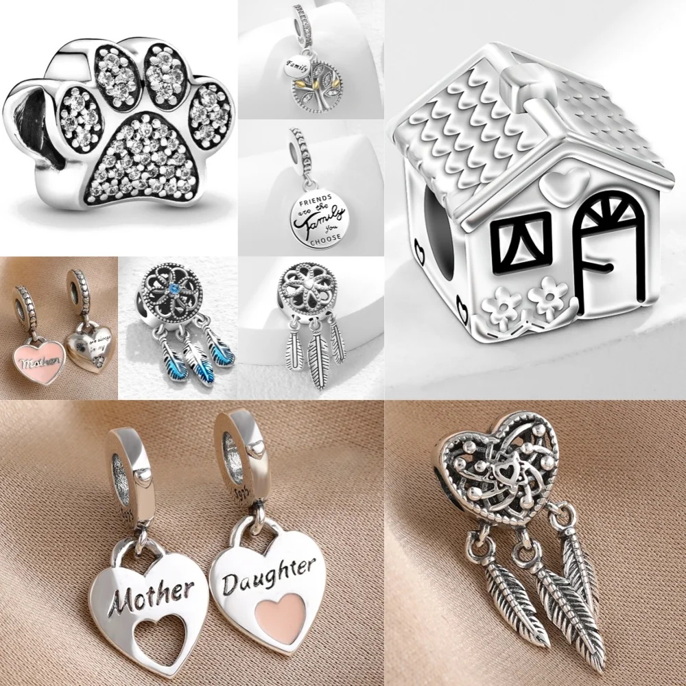 

New 925 Silver White Pave Dog Paw House Dreamcatcher Pendant Fit S925 Bracelet Women DIY Jewelry Gift
