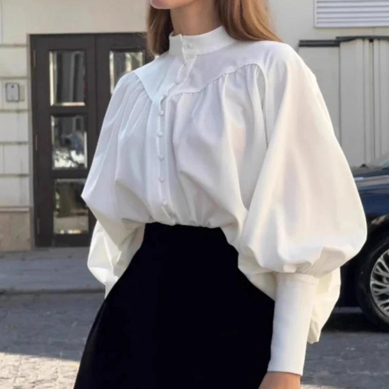 

Stand Neck Women Lantern Sleeve White Blouses 2025 Blusas Mujer De Moda Vintage Loose Pleated Blouse Korean Single Breasted Tops