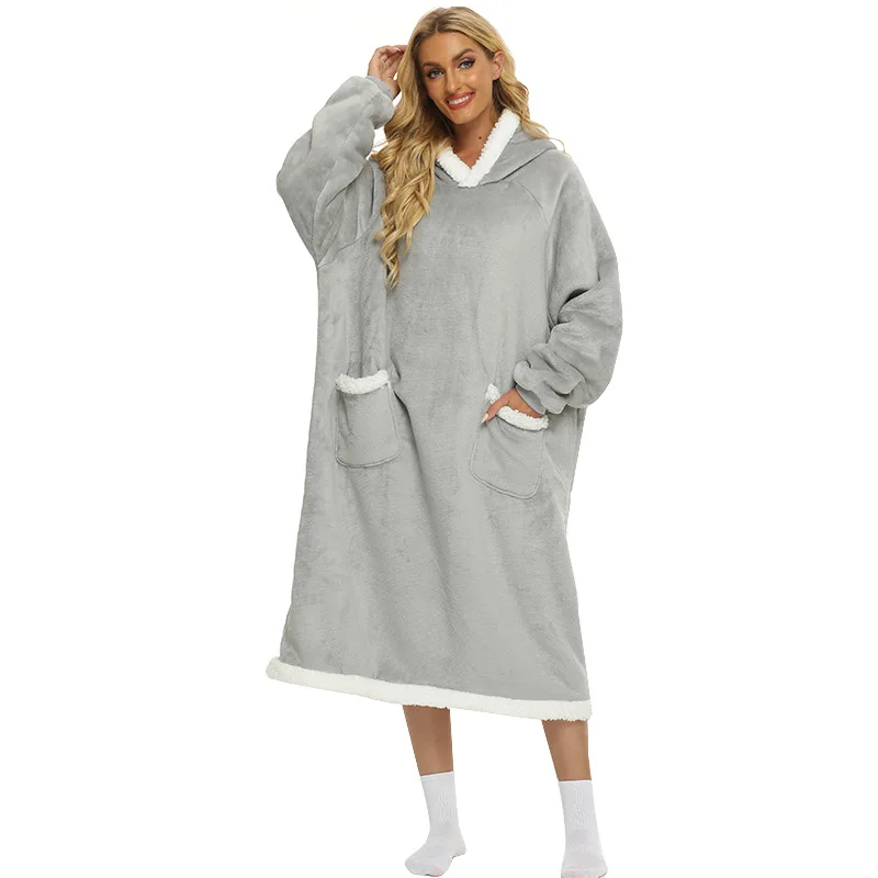 Winter Blanket Extended Vertical Pocket Fleece Lazy Blanket Flannel Lamb Wool Tv Tv Blanket Bathrobe Hooded Nightgown Casual Laz