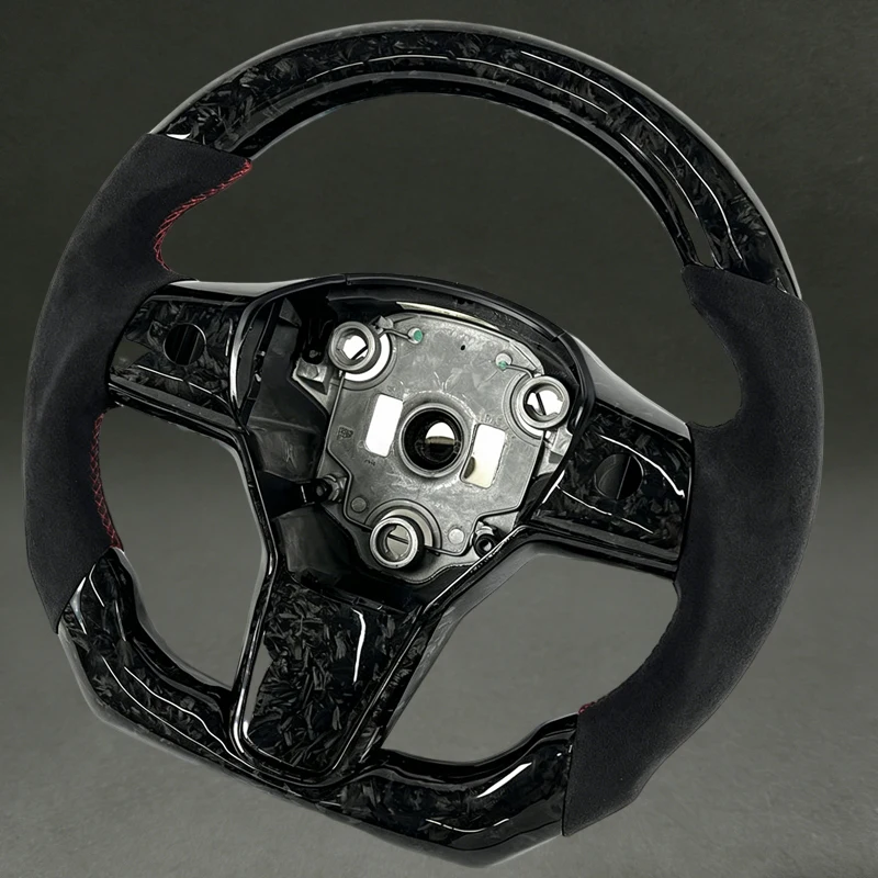 For Tesla Model 3 Steering Wheel Black Forged Carbon Fiber with Suede with Red Stitching D Shape Quality for Tesla Model 3 Y HoT