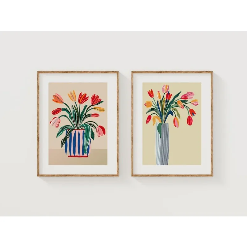 2pcs Tulip Flowers Canvas Wall Art, Noframed Modern Floral Vase Prints, Bold Botanical Artwork for Living Room and Kitchen Decor view 5