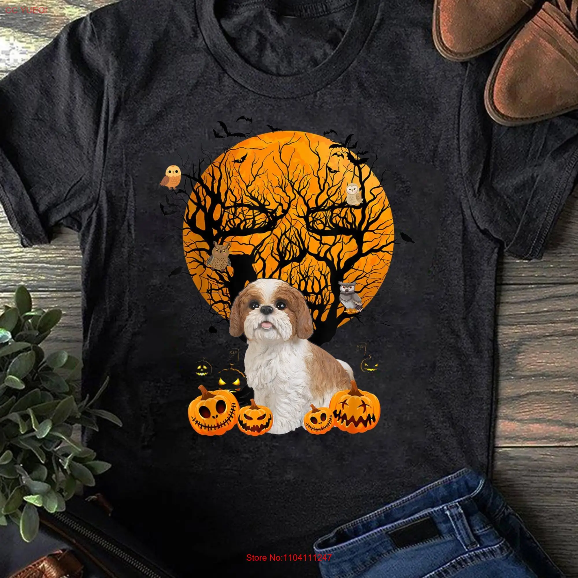 Shih Tzu Halloween Costume Moon Skull Tree Owl T Shirt Funny Dog Lover  long or short sleeves