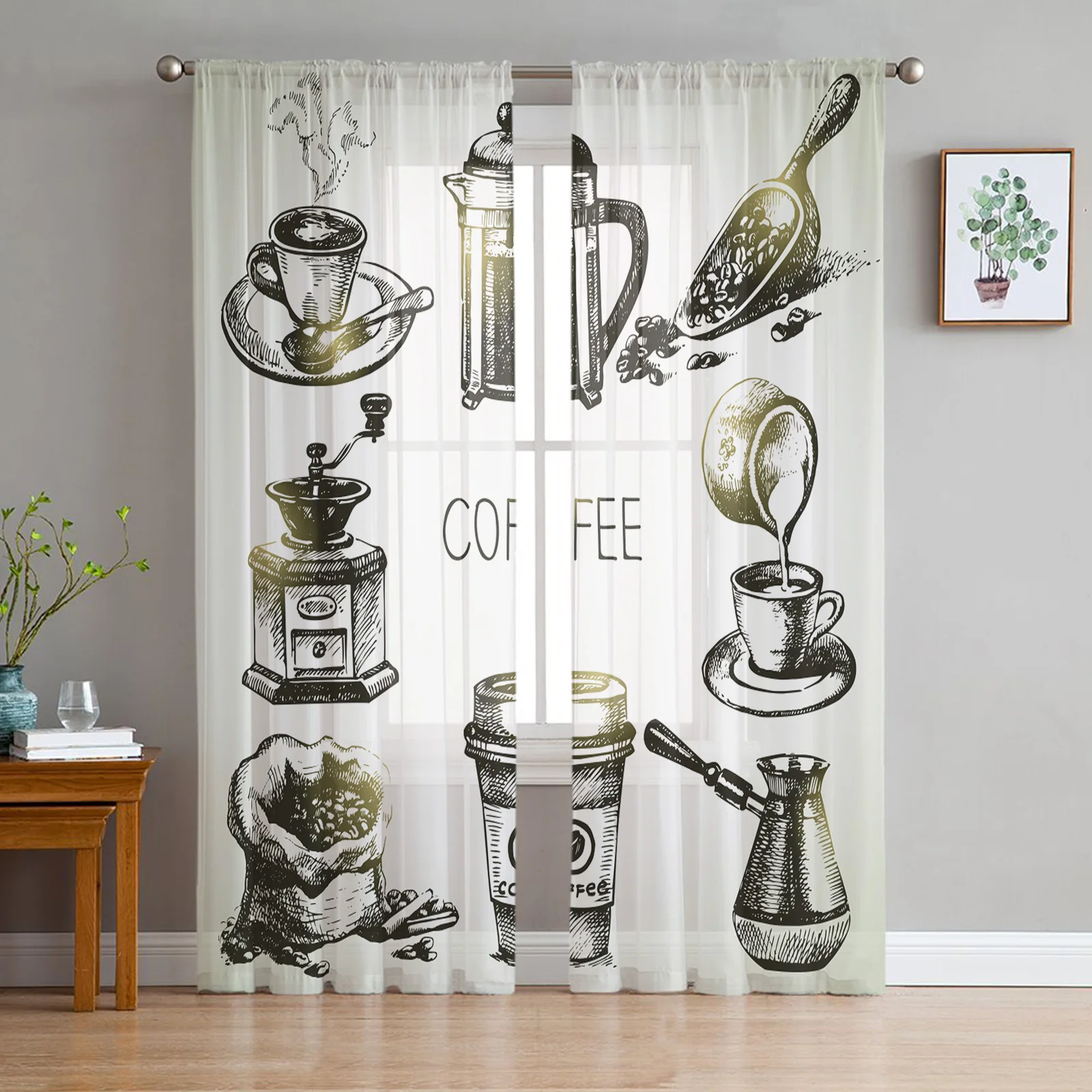 

Coffee Lovers Decoration Sheer Curtains for Living Room Decoration Window Curtains for Kitchen Tulle Voile Organza Curtains