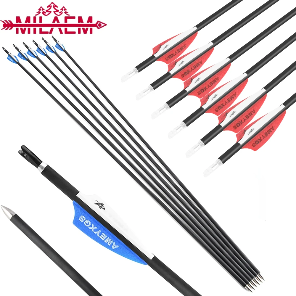 Archery 32 inch Mix Carbon Arrow ID 4.2mm Spine1000 with 2 inch Rubber Feather Recurve/Compound Bow Shooting Accessories,6/12pcs