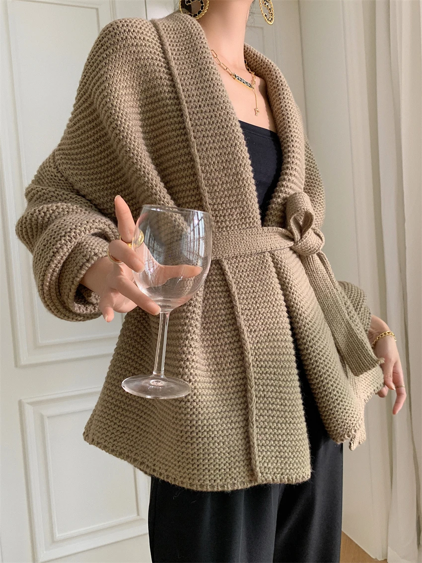 Personalized Design: Medium Long Wool Cardigan, Autumn and Winter Coat, Loose Coat, Thick Sweater, Solid Color Knitting Belt