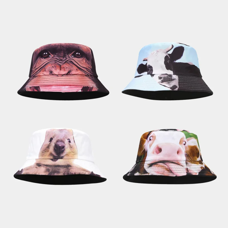 Unisex Animal Print Bucket Hat, Funny Gorilla & Cow Face Printed Reversible Sun Cap for Men Women Streetwear