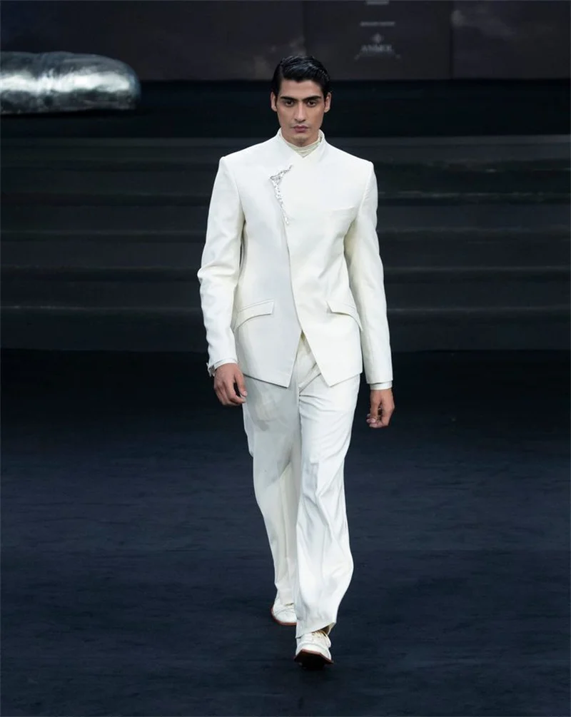 

White Catwalk Men Suits Set 2 Pcs Blazer+Pants Trousers Cotton Wedding Tuxedo Formal Office Business Groom Male Jacket Coat