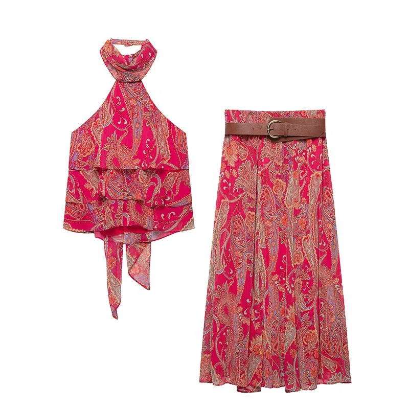 Women's Halter Neck with Bow Decoration Printed Skirts Set Two Piece New 2026 Summer Halter Top with Tie Skirt with Belt