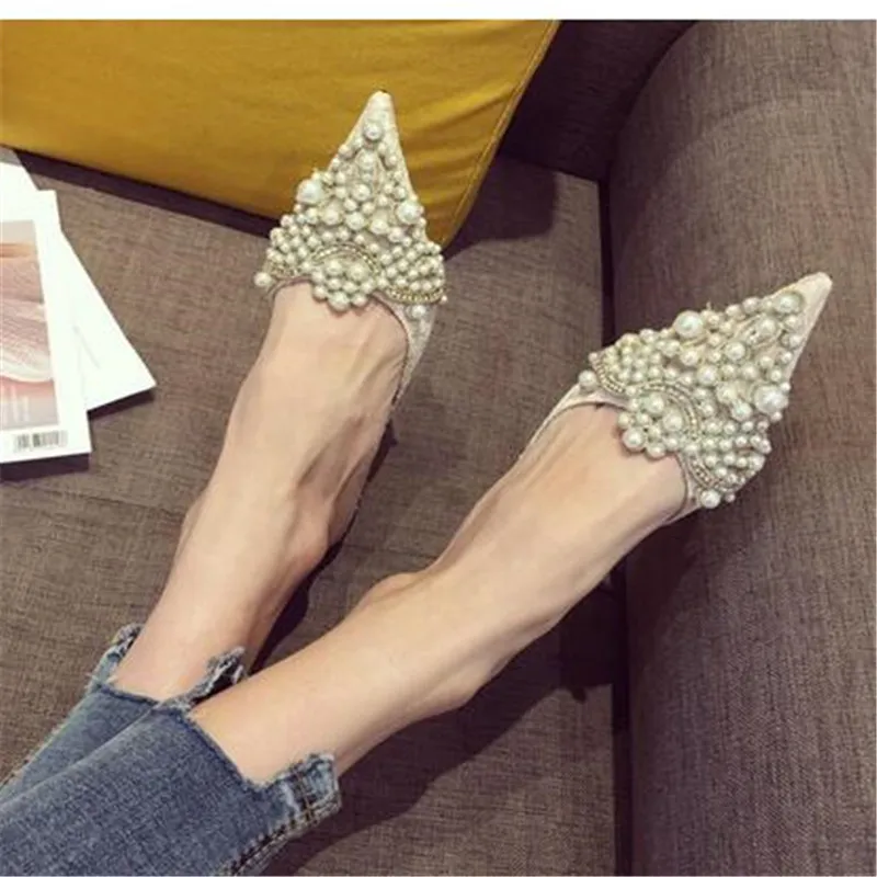 Spring/Autumn Fashion Sexy Women Shoes Elegant String Bead Crystal Patchwork Slip-On 35-42 Thin Heels Slipper NEW 2023