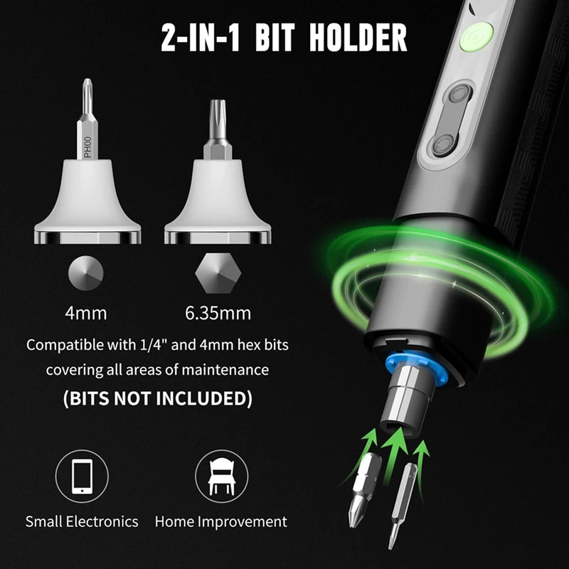 Wkrętak bezprzewodowy ABKP, kompatybilny z końcówkami sześciokątnymi 1/4 cala i 4 mm, 4 poziomy momentu obrotowego, 3 tryby oświetlenia, akumulator 1500 Mah