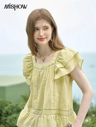 MISHOW Korean Lace Hollowed Out Flying Sleeve Blouse for Women 2024 Summer Square Neck Doll Shirt Casual Top MXD30X1574