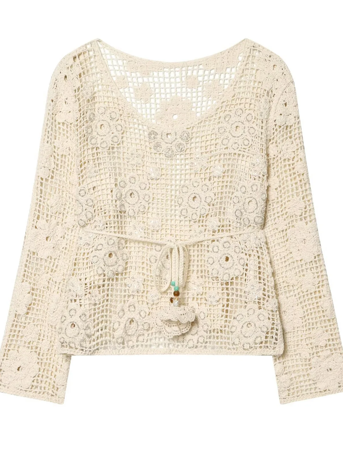 

Withered Casual Belt With Bead Embellishment, Hollowed Out Long Sleeved Knitted Sweater T-shirt Woman Clothes Female Clothing