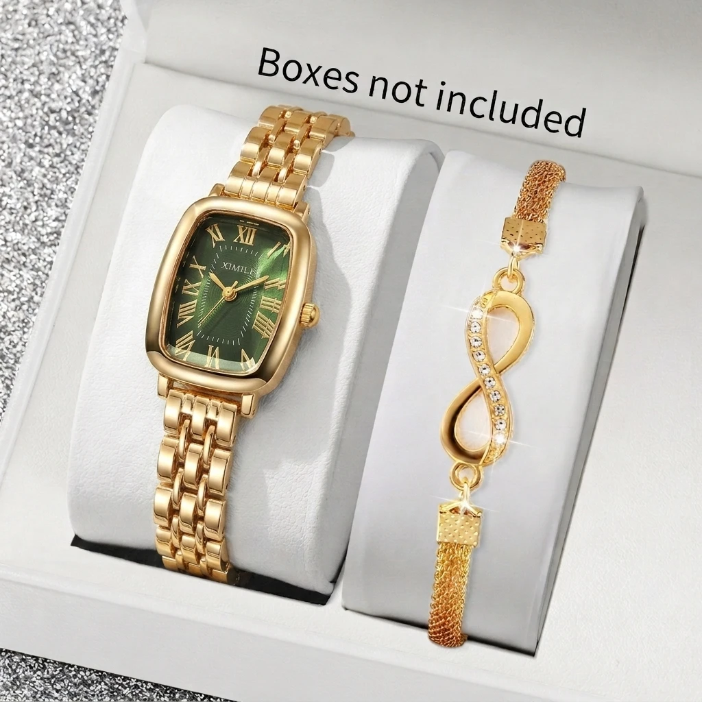 2PCS Luxury Rectangle Women Watch Stainless Steel Bracelet Set Elegant Ladies Quartz Wristwatch Relogio Feminino (Without Box)