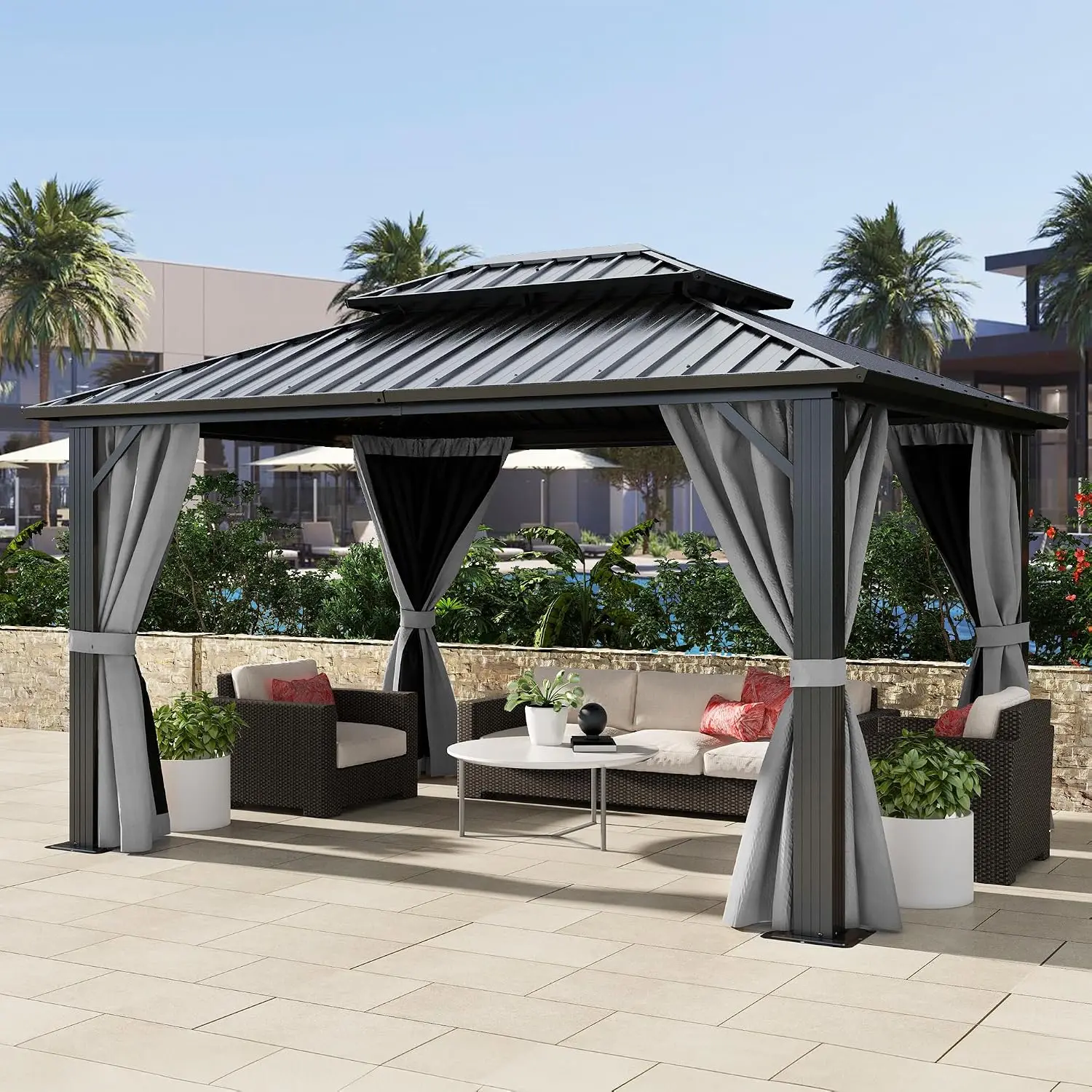 10x12ft Hardtop Gazebo Double Roof Nettings Curtains Heavy Duty Galvanized Steel Outdoor Vertical Stripes Roof Patio Backyard De
