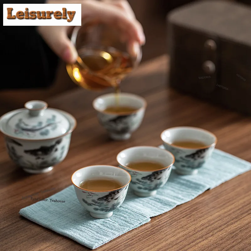 HOYIHM Ancient Blue Mandarin Fish Travel Tea Set Kit Ancient 1 Pot 4 Cups Tea Making Organizer Portable Camping Stock Bags Gifts