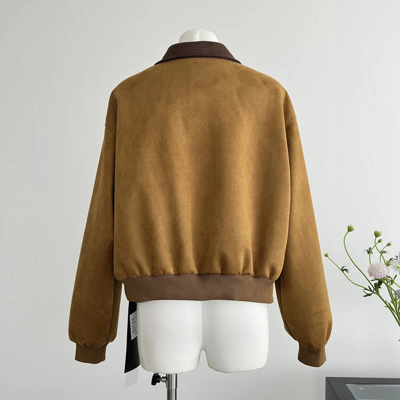 Suede Zipper Fly Jacket Coat Retro Loose Heavy Diamond Chic Jacket Overcoat Women Autumn Winter Long Sleeve Pocket Outwear