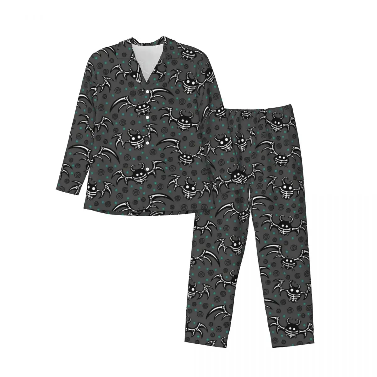 Skeleton Bats Pajamas Set Green Dots Print Trendy Sleepwear Male Long Sleeves Retro Room Two Piece Home Suit Big Size XL 2XL