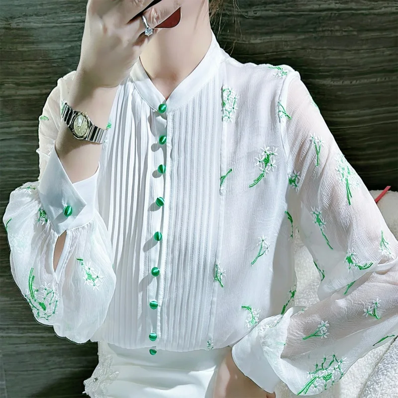 2023 New Summer Style Celebrity Exquisite Embroidered Organ Pleated Lantern Sleeves Solid Color Versatile Oversize Women's Shirt