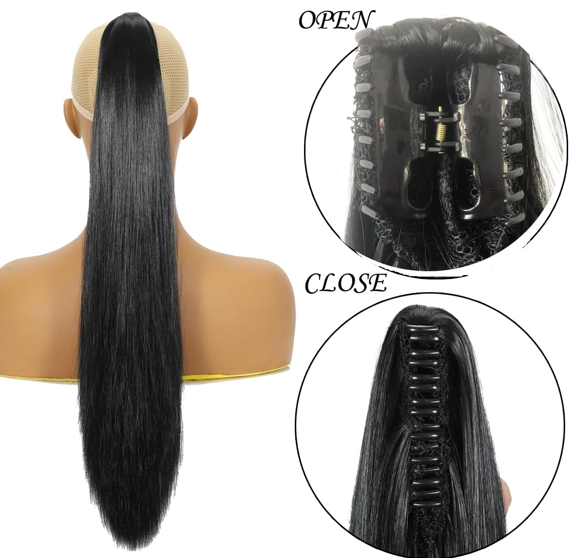 クローポニーテールエクステ ブラック 16インチ ストレート クリップ式ポニーテールヘアエクステンション 女性用合成ヘアピース