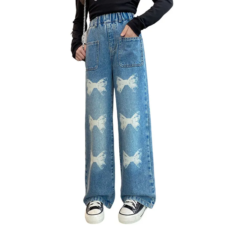 

New Fashion Girls Jeans Children Denim Wide Leg Pants with Bowknot Pattern Korea Teenager Casual Trousers Girl Clothing Hot Sale