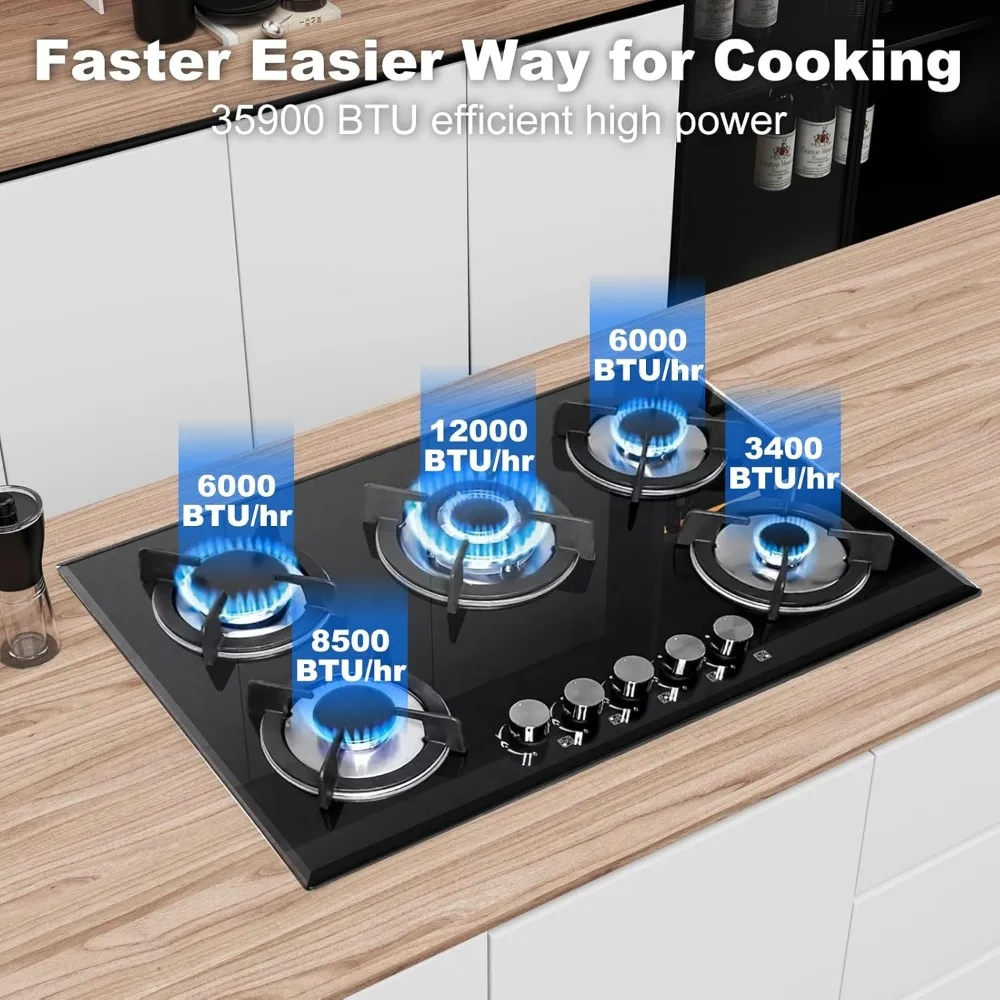 Estufa de gas de 30 pulgadas con 5 quemadores, estufa de vidrio templado integrada, GPL/NG Convertible, 3-55,900 BTU, protección contra llamas, eléctrica