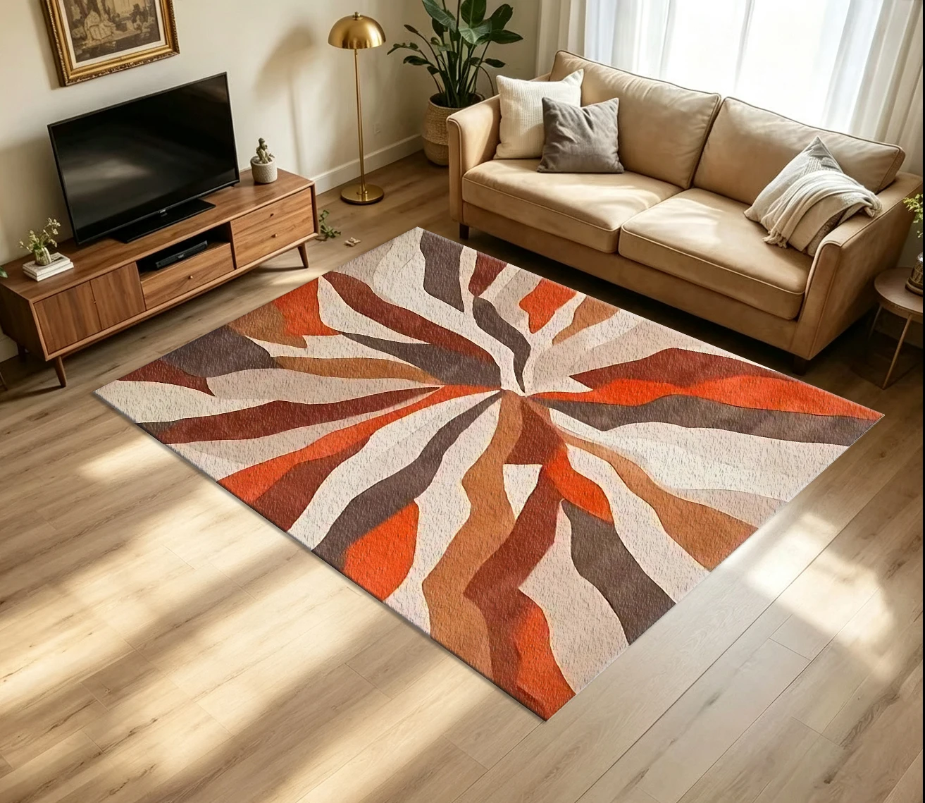 Bohemian Style Radial Geometric Abstract Pattern Carpet Warm Color Carpet Floor Mat for Living Room and Bedroom