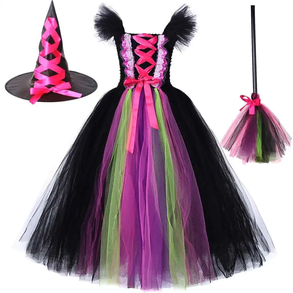 

Hocus Pocus Witch Long Costume for Girls Halloween Full Length Tutu Dress with Hat Broom Children Carnival Party Disguise Outfit