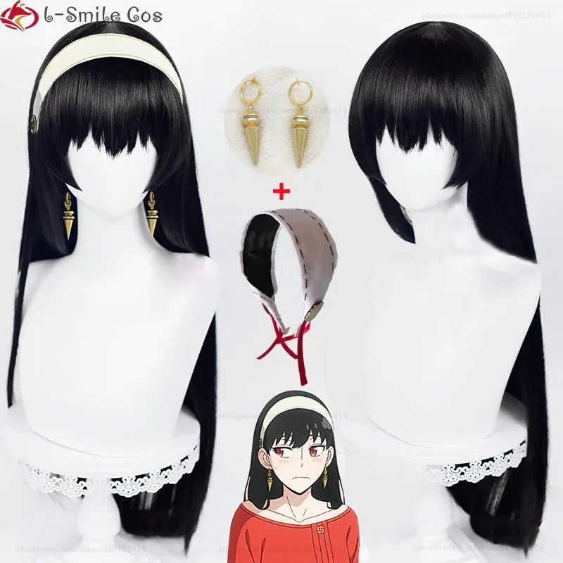 Qq3880cm de largo Yor Forger Cosplay Anime negro recto resistente al calor sintético cos pelucas de Halloween + gorro de peluca
