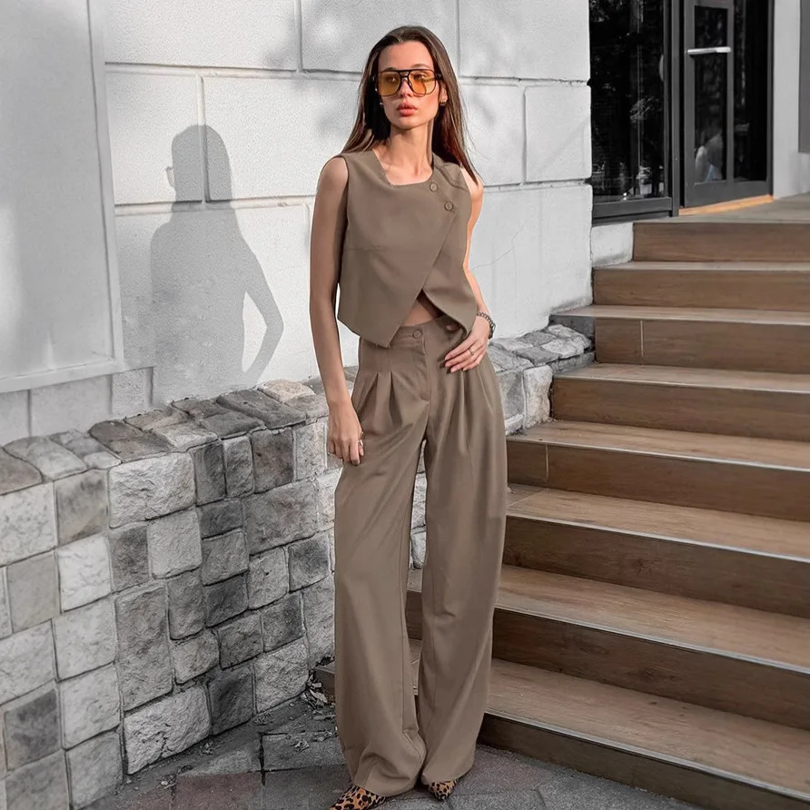 

2025 New Fashion Button Vest + Wide Leg Pants Two-piece Sets Women Summer Casual Loose Top And Pants Suit For Women