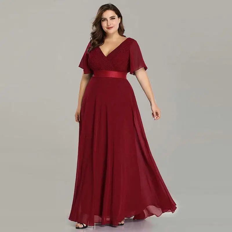 

ICCLEK New Style Women V-Neck Chiffon Dress Wedding Evening Party Long Dress Elegant Party Red Dresses For Women 2023 Plus Size