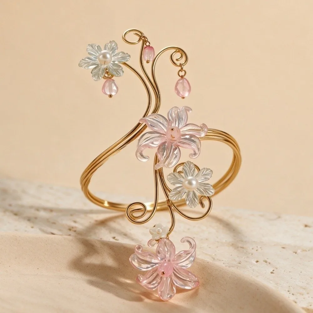 Adjustable Upper Arm Cuff Bracelet Iris Flower Design Pearl Flower Accent Open Arm Bangle Lightweight Hollow Out