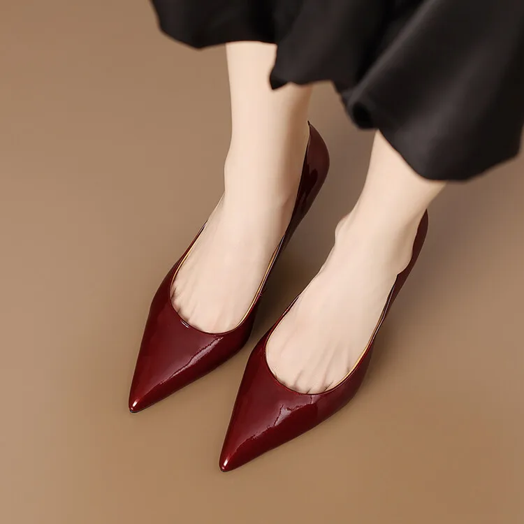 Wine Red Shallow Women Dress Pumps Slip On Pointed Toe Formal Working Shoes Black Leather Iron Thin High Heels Prom Zapatillas