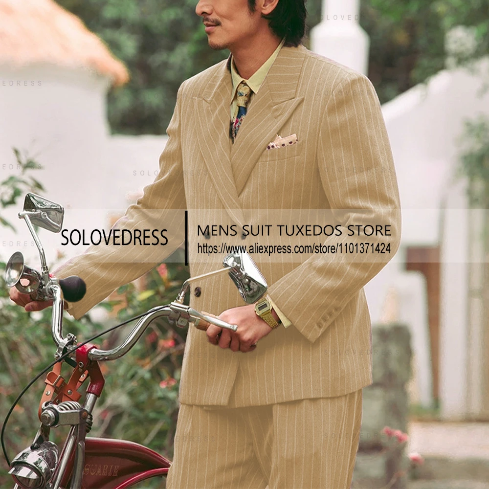 Men's Suits 2 Pieces Pinstripe Peaked Lapel Double Breasted Men Suits For Wedding （Blazer+Pants）