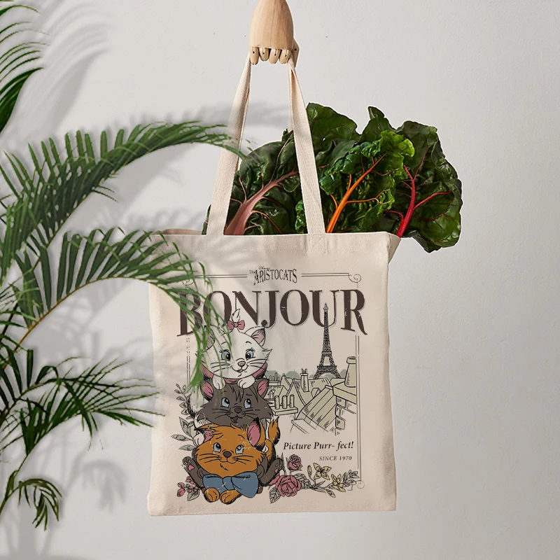 Bonjour Aristocats Pattern Totes Foldable Shopping Bag Holiday Eiffel Tower Gift for Her Shoulder Bag Reusable Supermarket Bag