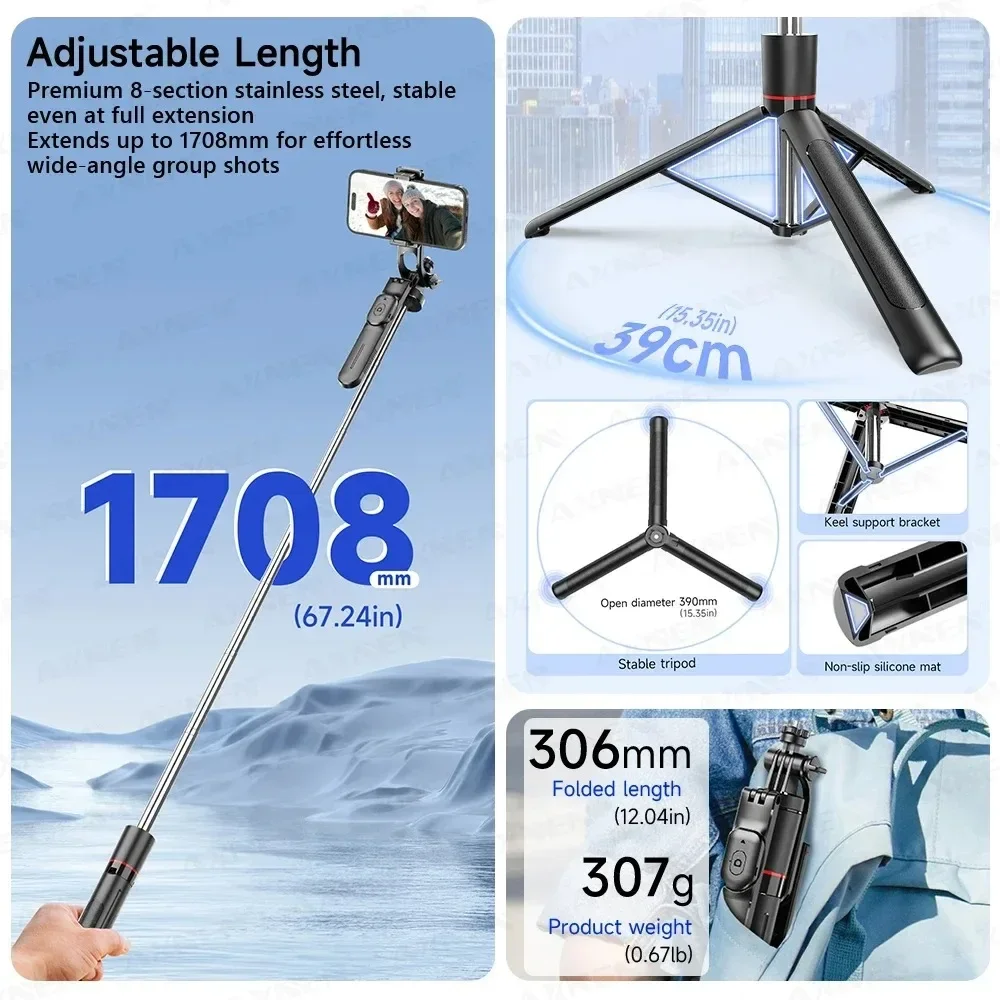 F16 Selfie Stick Tripod with 1708mm Long 8-Section Pole, Bluetooth Remote, 360° Rotation, 1/4 Interface, for Phone Camera Vlog
