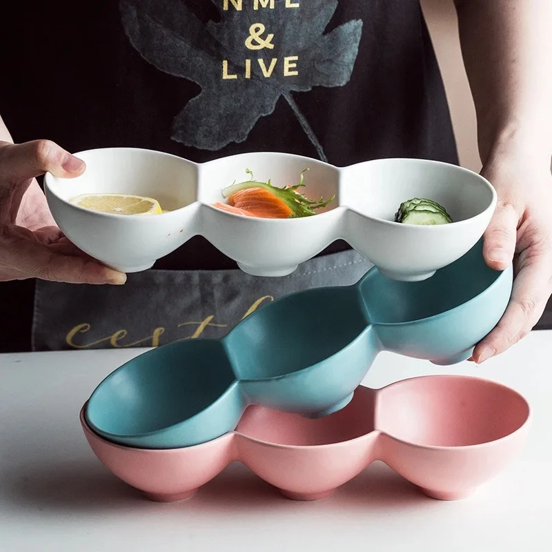 

Ceramic Glazed Snack Plates 3 Grids Dessert Nut Dish Party Fruit Plate Creative Tableware
