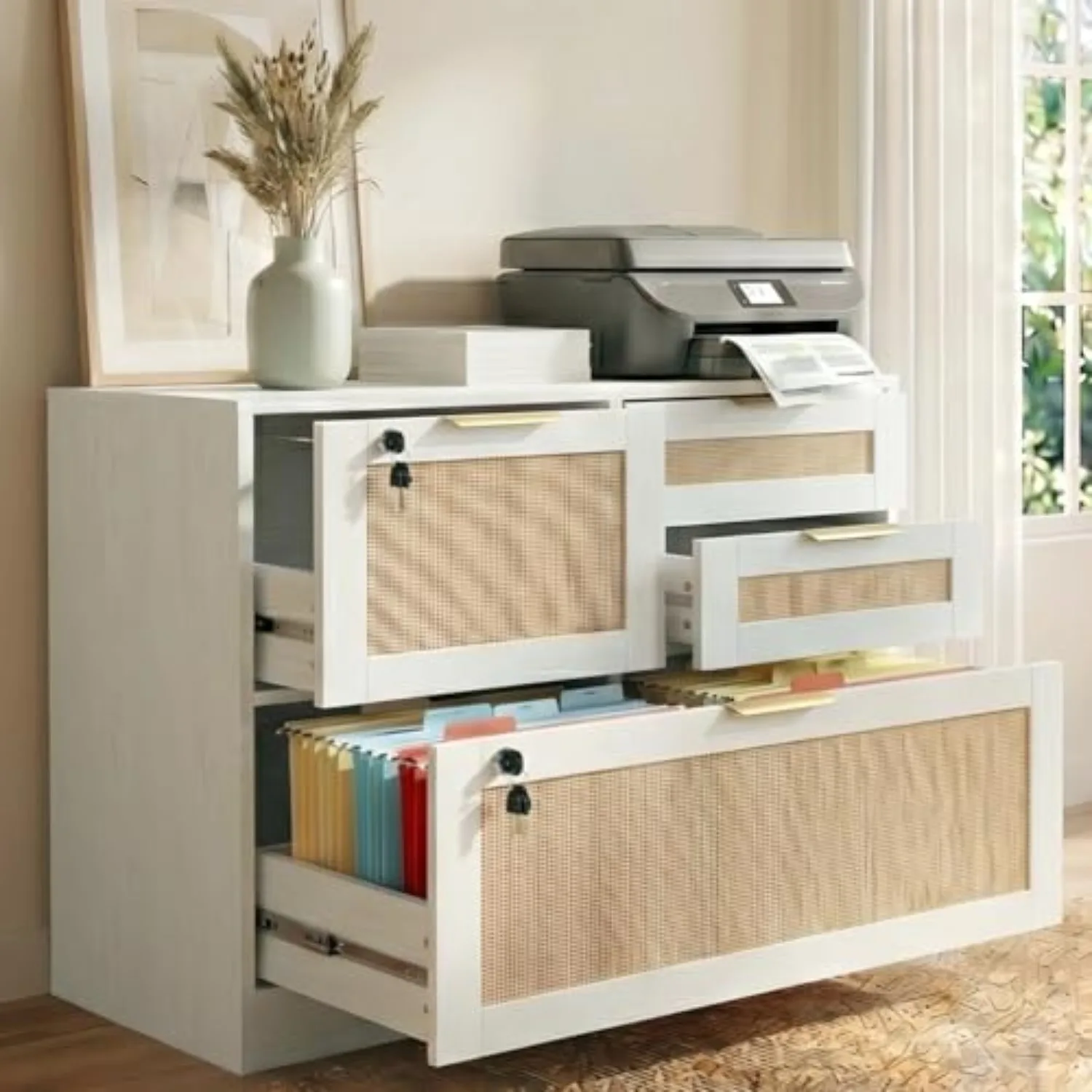 4 Drawer File Cabinet with Lock, Printer Stand Lateral | Home Office and School, Wood Rattan Filing Cabinet for Hanging