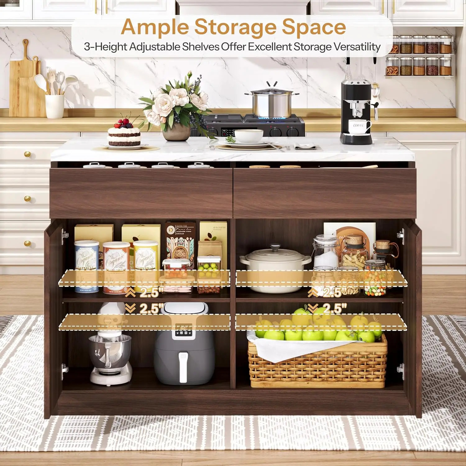 Kitchen Island with Storage, 47.2" Large Faux Marble Countertop Kitchen Island with 2 Drawers and Adjustable, Customized view 3