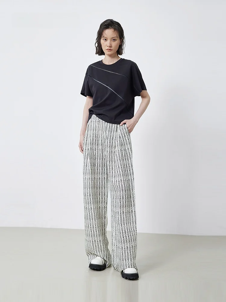 

XMOOM2025 Summer New Design Hollow out Weave Band ort round Ne ort Sve T-irt Women's Casual Cotton Blend Tee