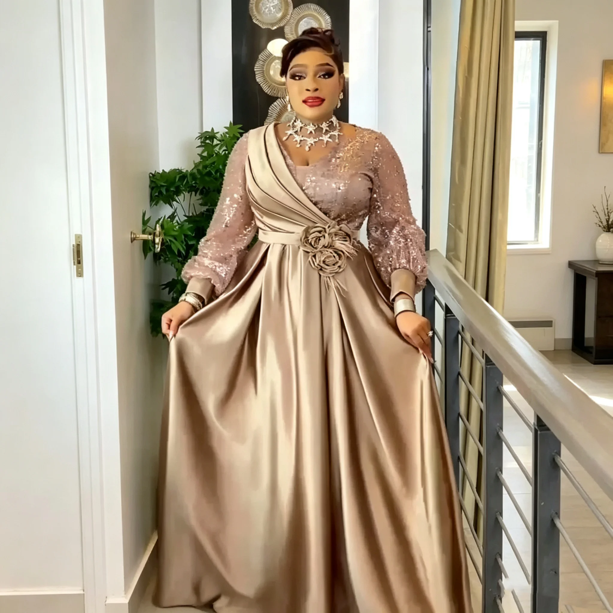 Elegant Champagne Evening Dress Long Sleeves Sequined Satin A Line Flowers Prom Gown African Women Party Dress Customized