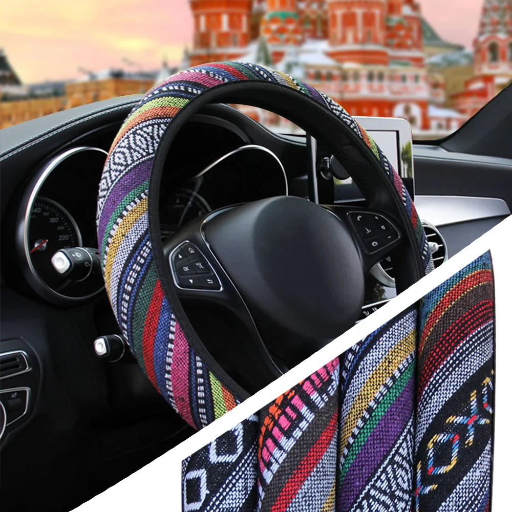 1pc Ethnic Style Print Car Steering Wheel Cover Guard Decoration Anti Slip Protector Linen Elastic Auto Accessories Universal