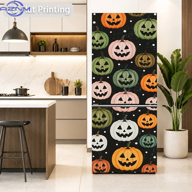 [2D Flat Printing] 1pc Fridge Magnet Sticker 60 X 180 Cm Colorful Pumpkin Halloween Pattern Themed Design Wall Sticker Self-Ad